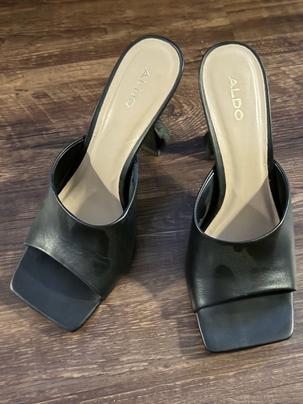 Aldo Black Leather Square-Toe Mule Heels